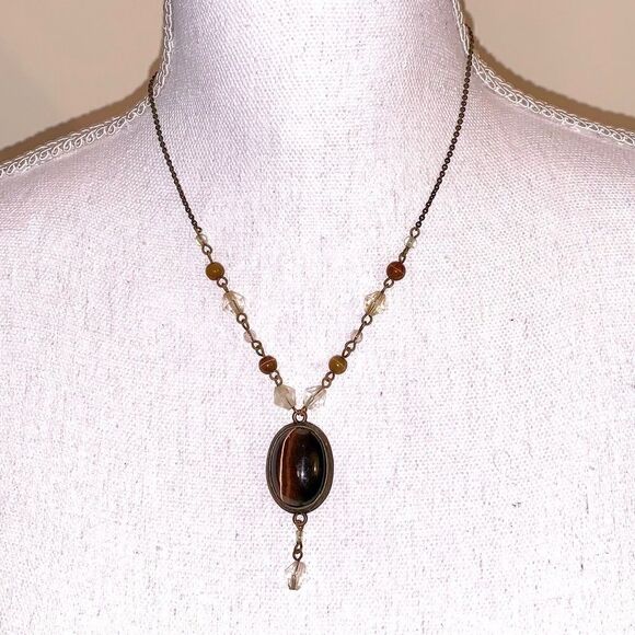 Pair of Brown Tigers Eye Jeweled beaded and silver tone Necklaces. - Picture 3 of 7